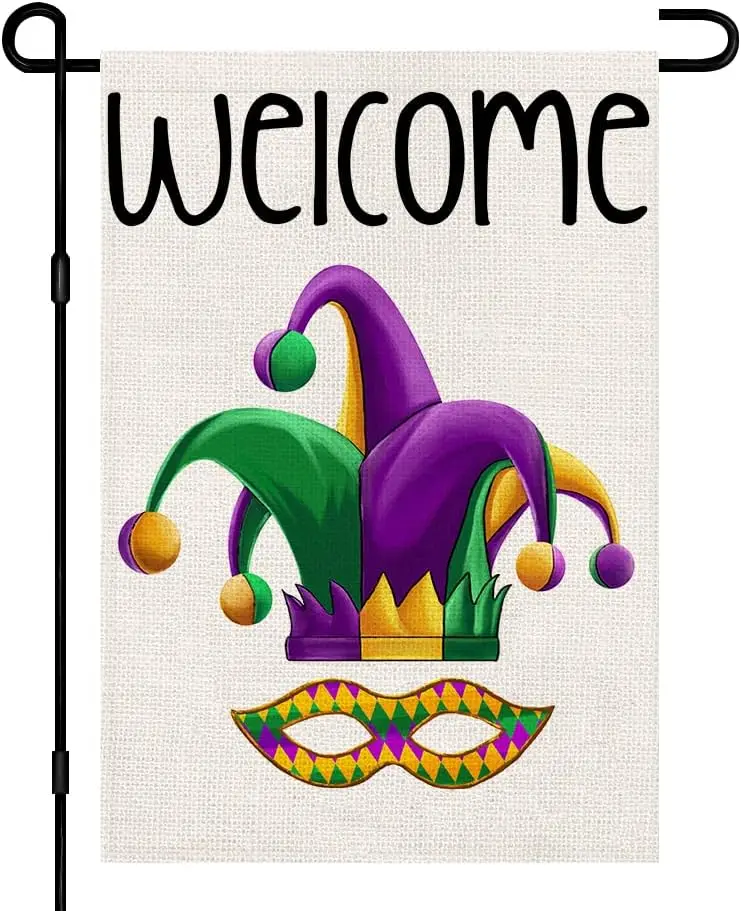 Welcome Mardi Gras Garden Flag Sign 12x18 Inch Vertical Double Sided Burlap, Masquerade Mask Holiday Party Yard Outdoor Decorati