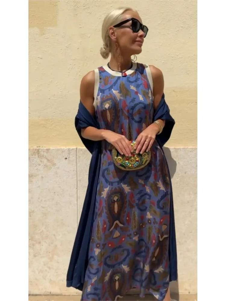 new Autumn Women's Two-piece Sets Dress Sleeveless Round-neck Ankle-length Sundress Cape Coat Bohemian Printed Vacation Dress image 3