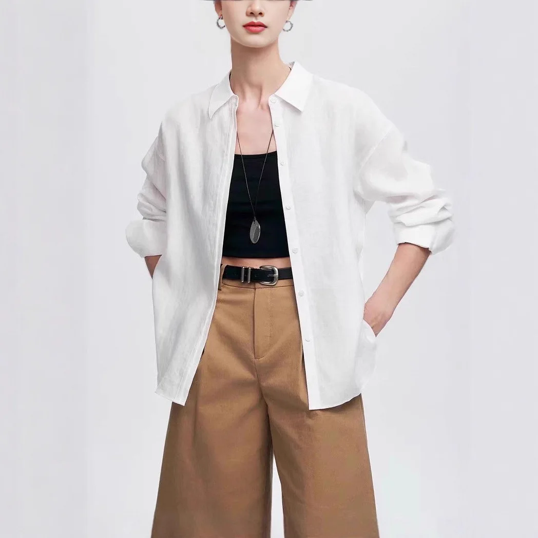 

French Style Loose Fit Linen Shirt Light Pink Long Sleeve Turn-down Collar Thin Autumn Commute Versatile Top New Arrival