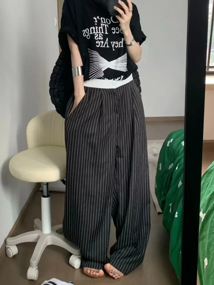 HOUZHOU czarne spodnie garniturowe w paski kobieta Baggy Y2k Vintage spodnie w stylu koreańskim Oversize Harajuku Fashion Office Lady spodnie