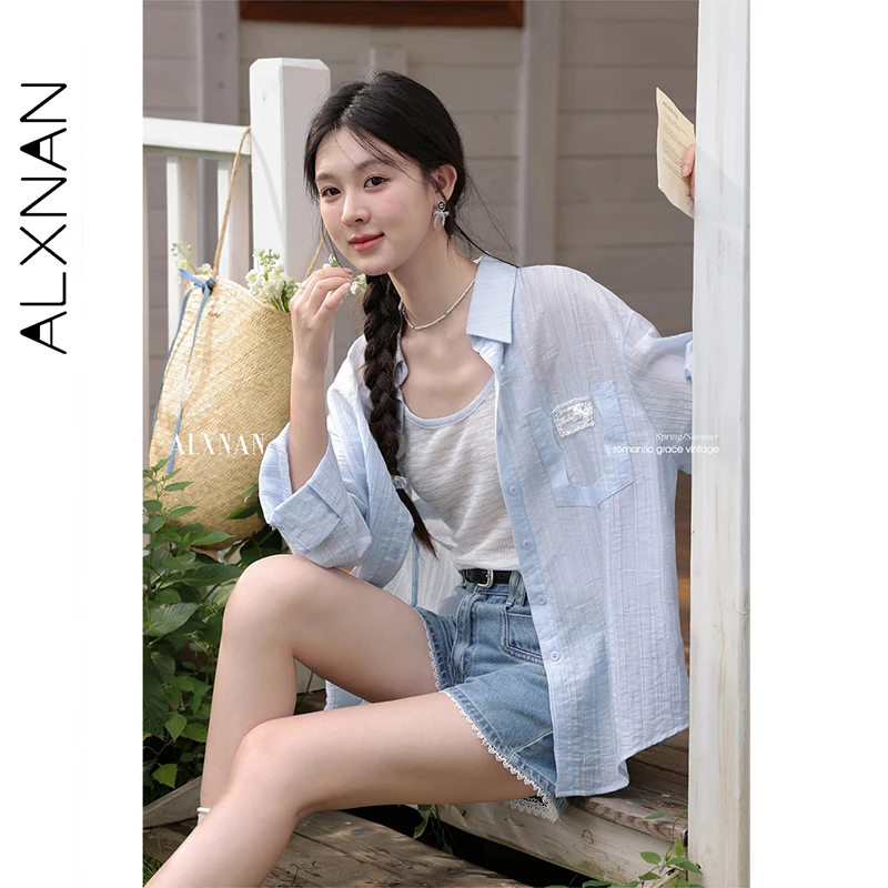 

ALXNAN Blue Shirt Thin Sun Protection Casual Long Sleeve Shirt 2025 Summer Elegant Loose-fit Holiday Beach Female Tops L56605