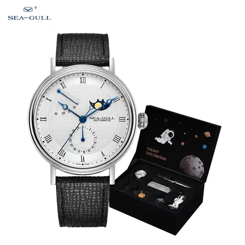 

2023 Seagull Men's Business Wristwatch Moon Phase Leather Luxury Automatic Mechannical Men's Watches 50M Waterproof relogio 6092