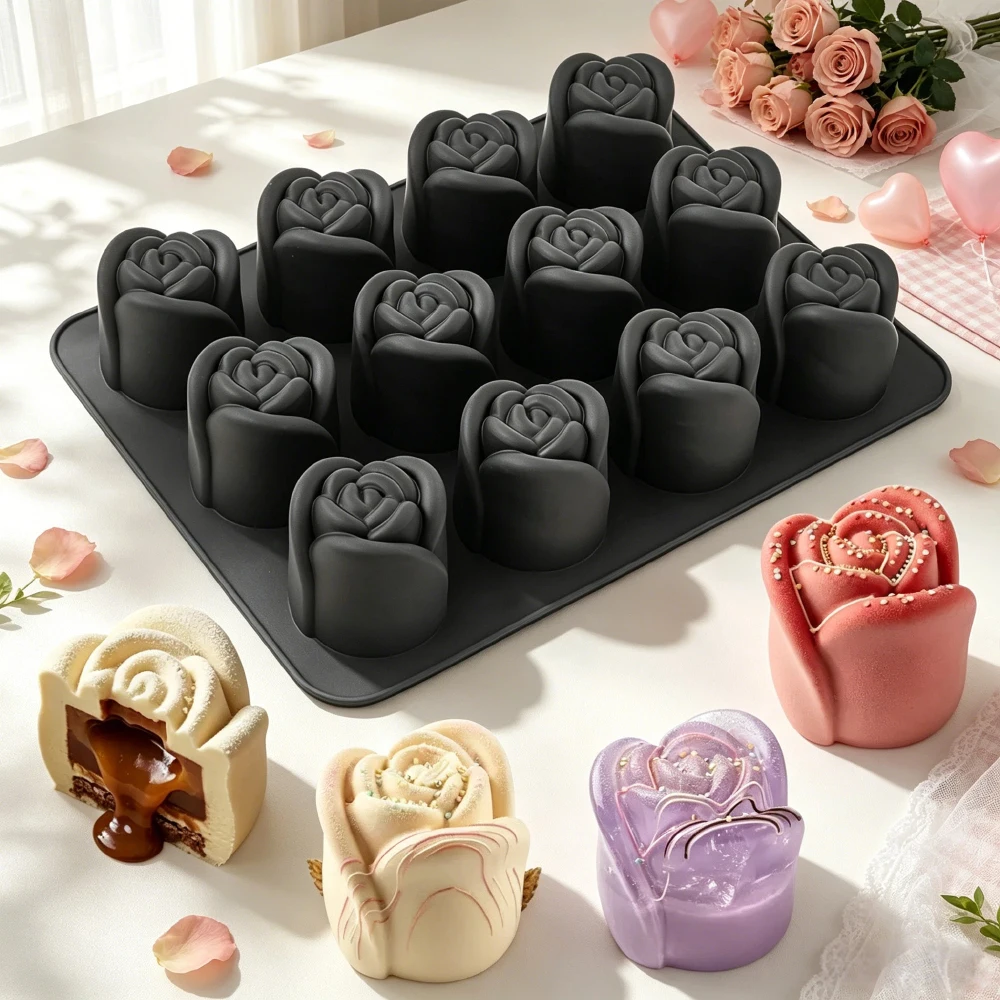 Molde de Silicona para Pastel de Mousse Francés con Diseño de Capullo de Rosa de 12 Celdas, para el Día de San Valentín, Blanco o Negro, Herramientas para Postres de Chocolate