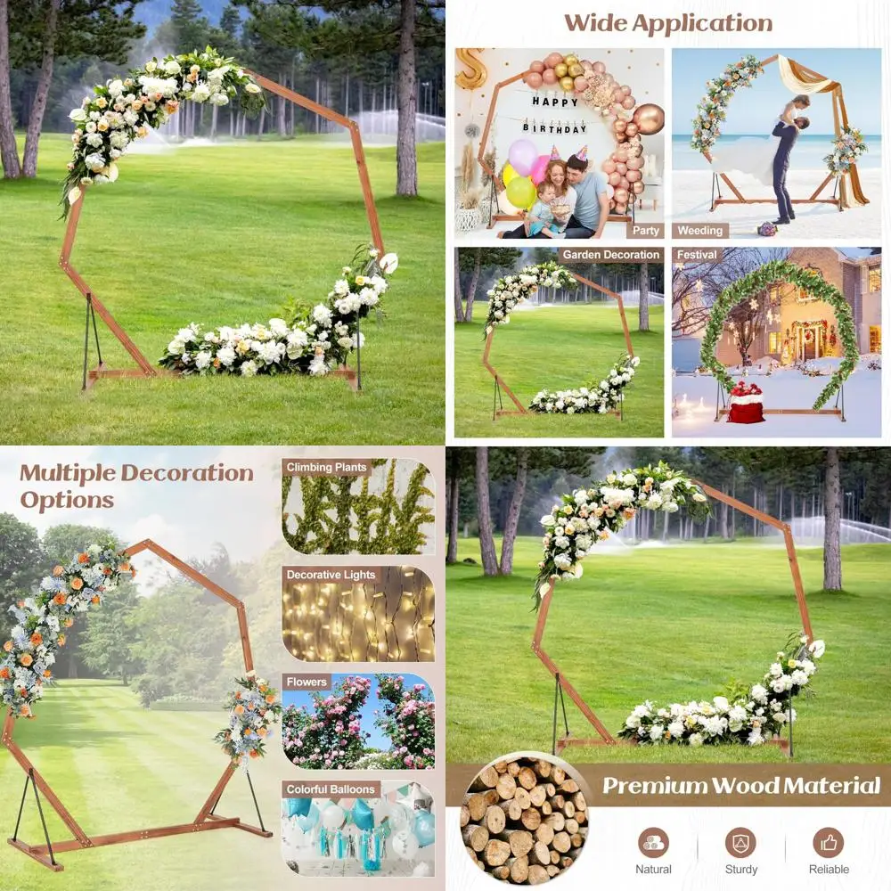 

Rustic Outdoor Wooden Wedding Arch, 7.4 Feet Tall, with Round, Heptagon, or Square Options, Including 4 U-Shaped Stakes and Tria
