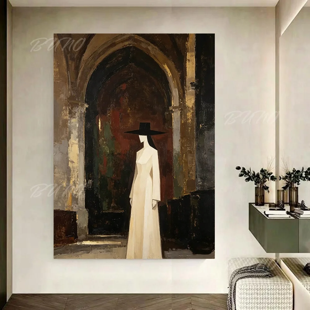 100% Hand-painted Abstract Oil Painting Gothic Mysterious Woman Original Canvas Wall Art for Home Living Room Bedroom Decor