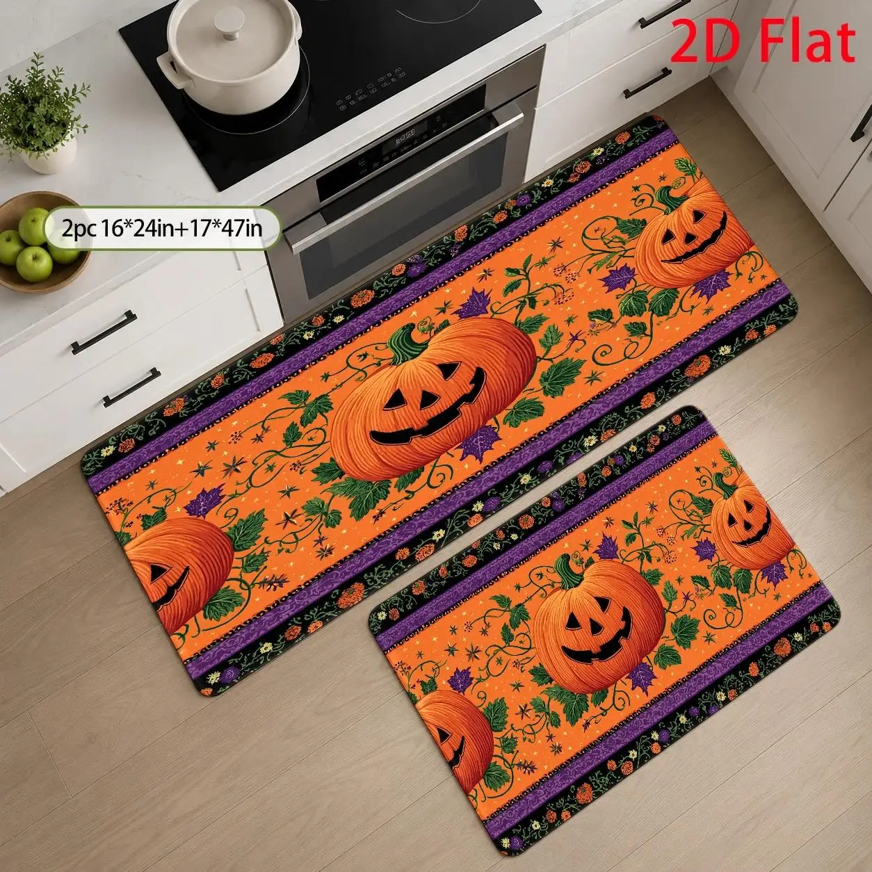 1pc, 2pcs, 3pcs, 2D Flat Kitchen Floor Mat Set, Halloween Pumpkin Floor Mat, Colorful Pumpkin Tribal Kitchen Mat, Easy-To-Clean Decorative Kitchen Mat, Suitable for Kitchen, Bathroom, Laundry Room, Dining Room, And Living Room