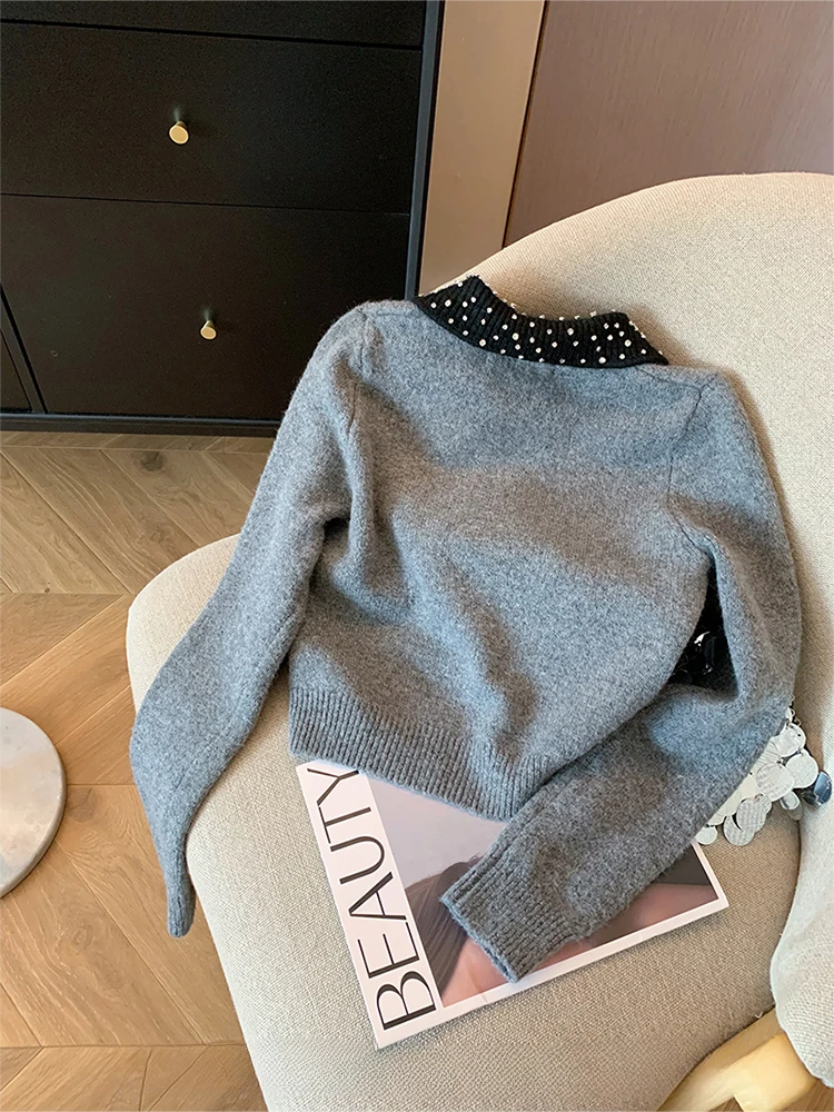 French Grey Knitted Cardigan Women Harajuku Crystal Diamonds Oversized Sweater Peter Pan Collar Long Sleeve Korean Streetwear