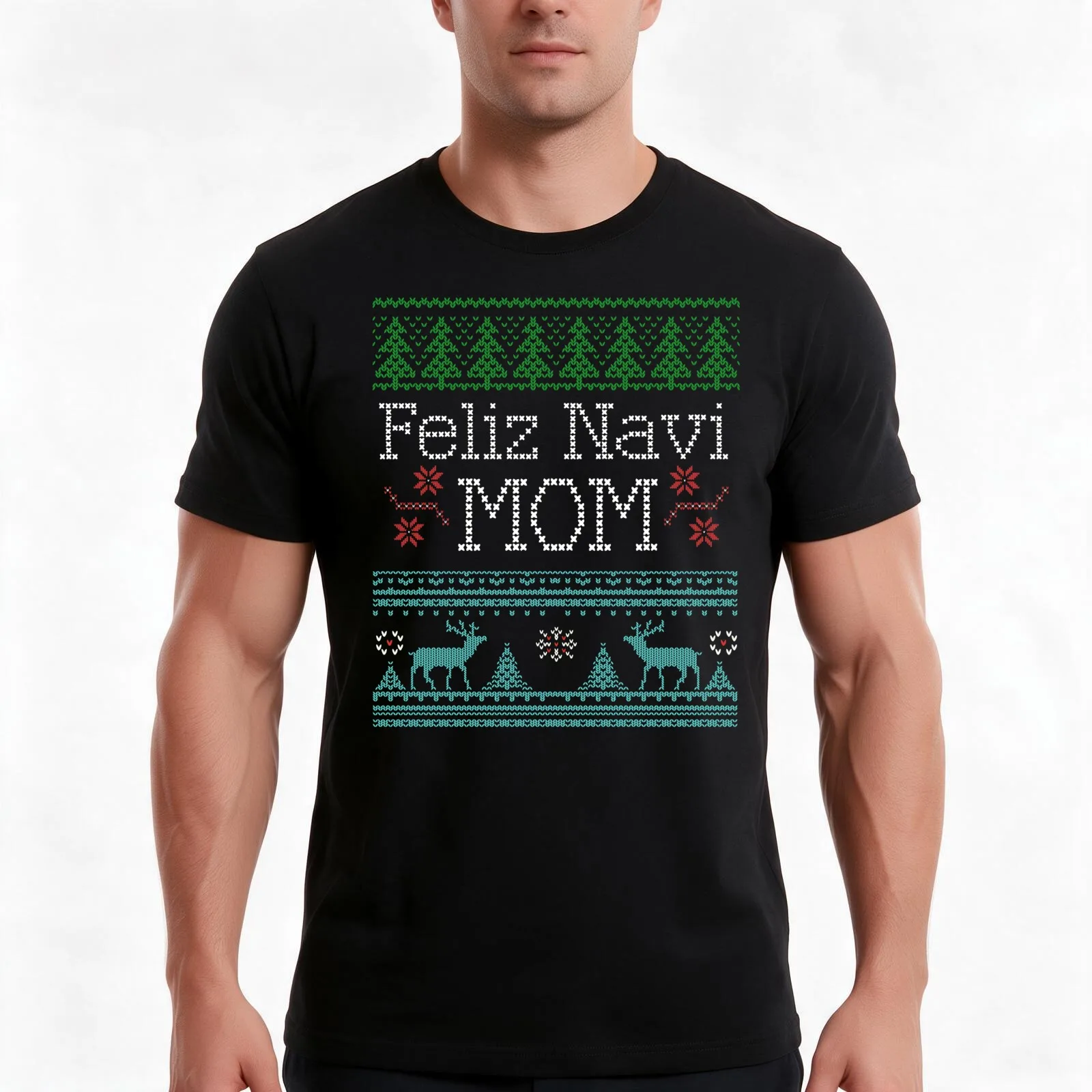 Feliz Navi Mom Ugly Christmas Sweater Design MultiC T-Shirt, Summer Casual Cotton Tee, Oversized Streetwear Tops, 100% Cotton