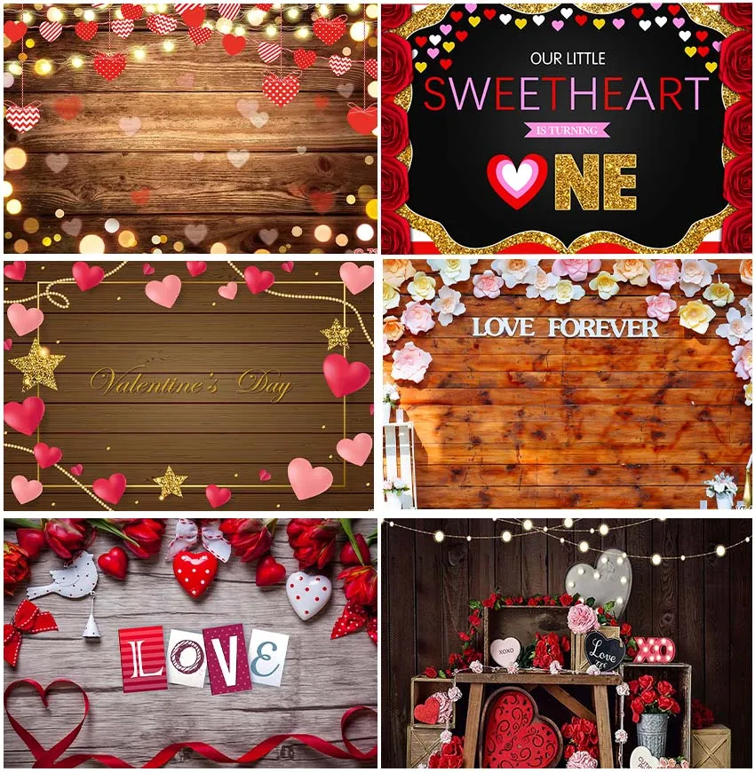 Backdrops Valentine's Day Baby Shower Sweetheart 1st Birthday Wood Boards Red Roses Flowers Love Photographic Studio Backgrounds