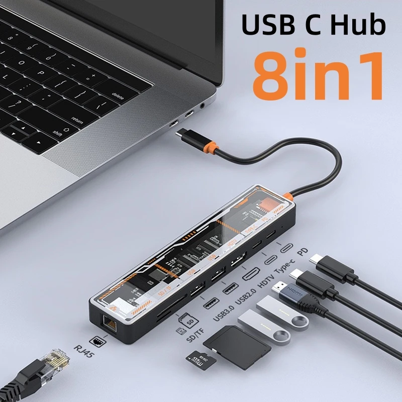 USB C 8in1 Transparent Hub Thunderbolt3 To 4K HD TF/SD Card RJ45 100M Ethernet PD Charging USB 3.0/2.0 Splitter Dock for Macbook