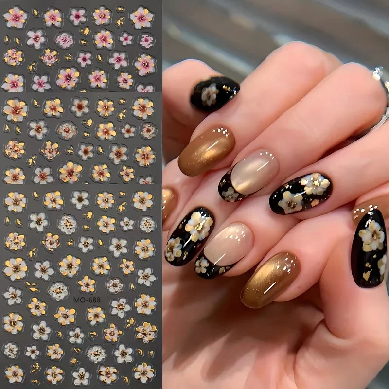 1 unidad de pegatinas florales metálicas 5D para uñas, pegatinas de flores de lámina dorada para uñas Vintage, flores de cerezo blancas, rosas y marrones, suministros para uñas de boda