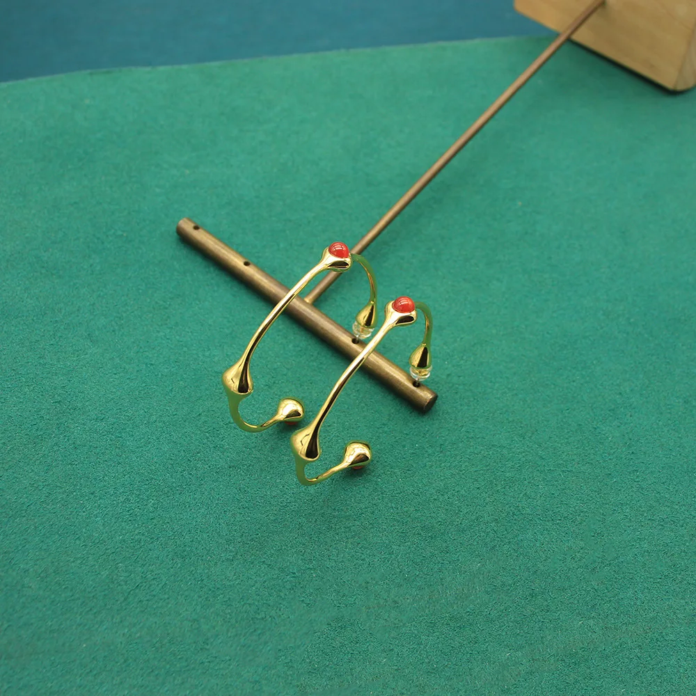 Gold-plated Copper Hoop Earrings with Red Agate Inlaid in A C-shaped Design, Polished Finish view 2