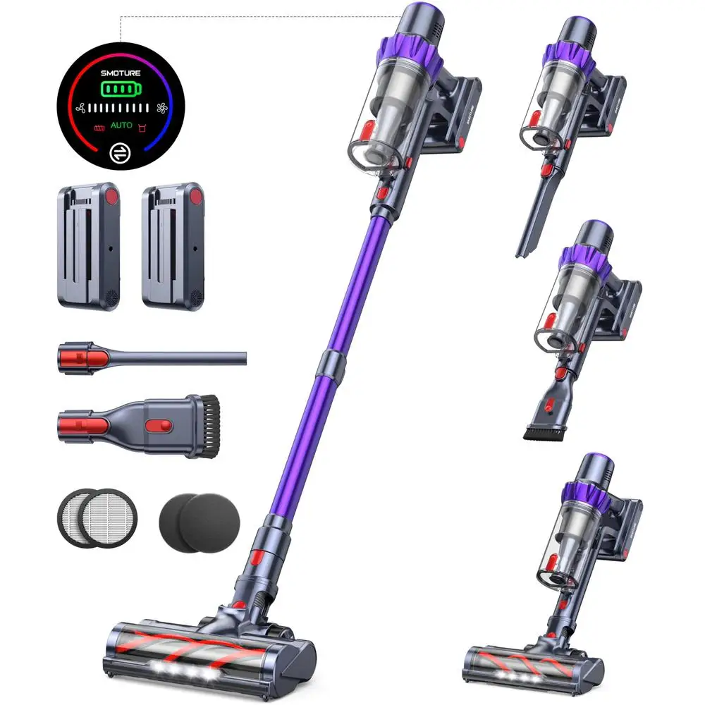Cordless Stick Vacuum 2 Batteries 110 Mins Runtime 40KPA 450W LED Touch Screen Brush Multi-layer Filtration Rotatable Head Wall