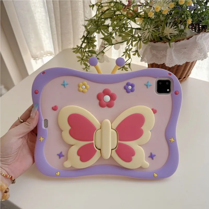 Cute Cartoon 3D Butterfly Kids Tablet Case Silicone Shockproof Stand for iPad 10th Air 4 5 Pro 11
