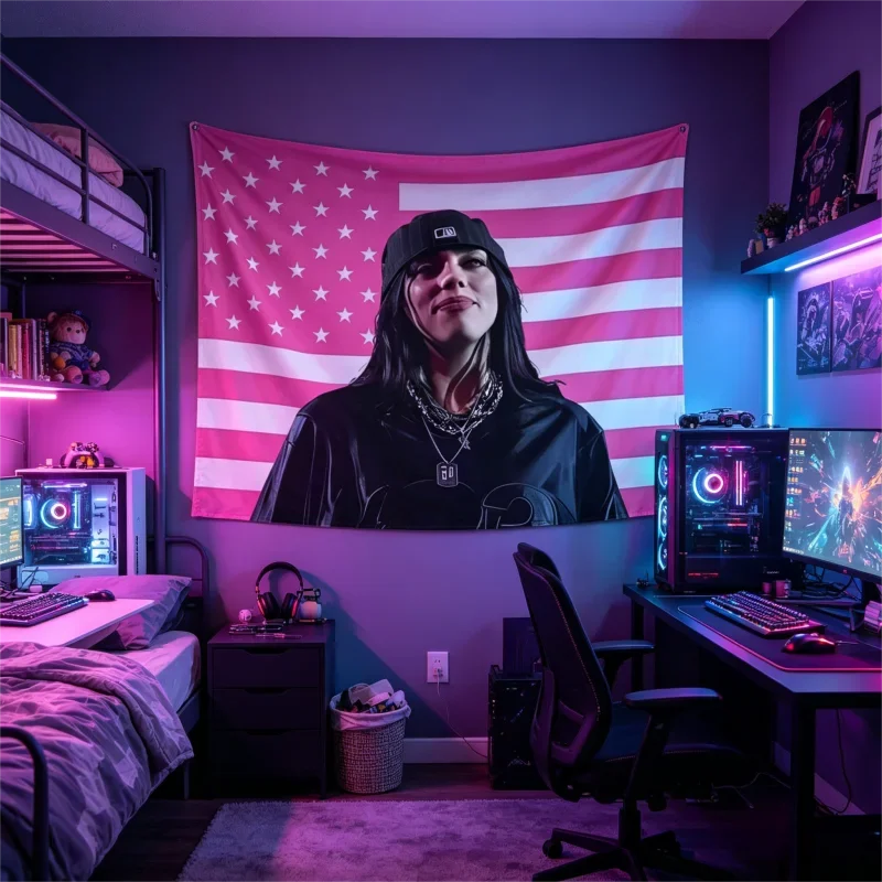 VIKAMA Billie Eilish Wandteppich im Hip-Hop-Stil, amerikanische Flagge, Wandbehang, für Fans, Schlafzimmer, Wohnzimmer, Heimdekoration – Detail 4