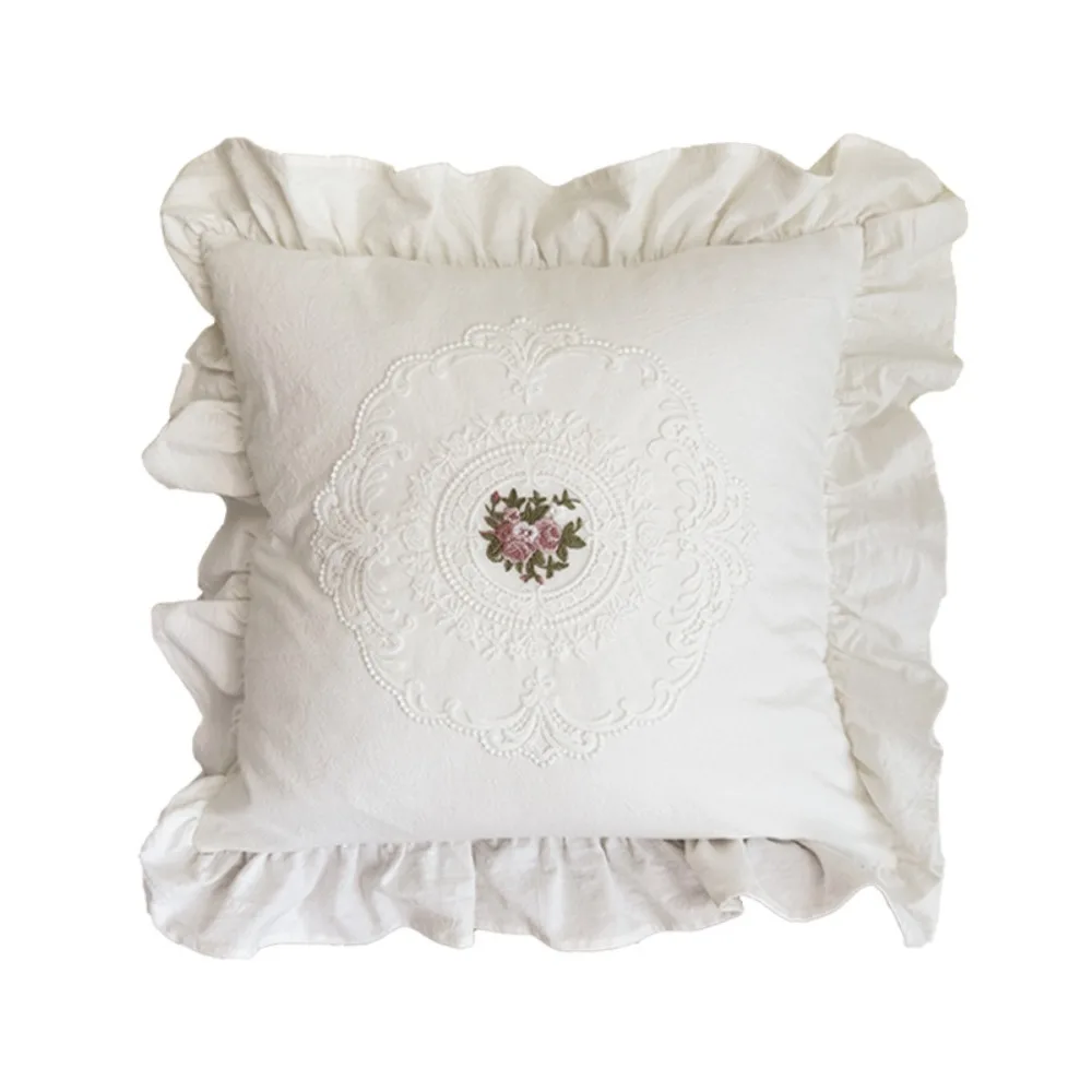 with Lotus Frill French Lace Pillow Cover Washed Material Comfortable White Cotton Pillow Case Soft Embroidered Cushion Cover