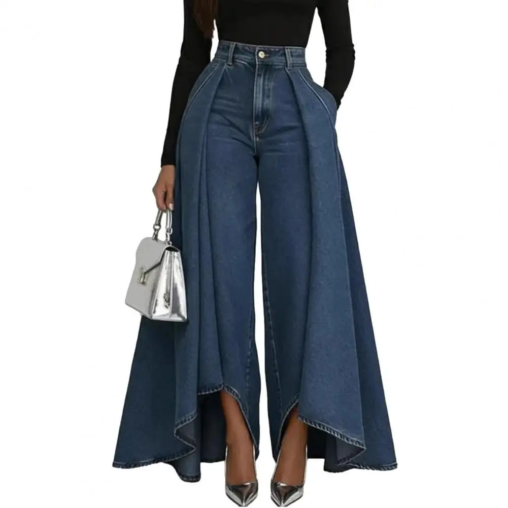 

Summer Women's Flared Jeans Long Swing Bell-bottoms Casual Denim Print Button Straight Wide Leg Pants