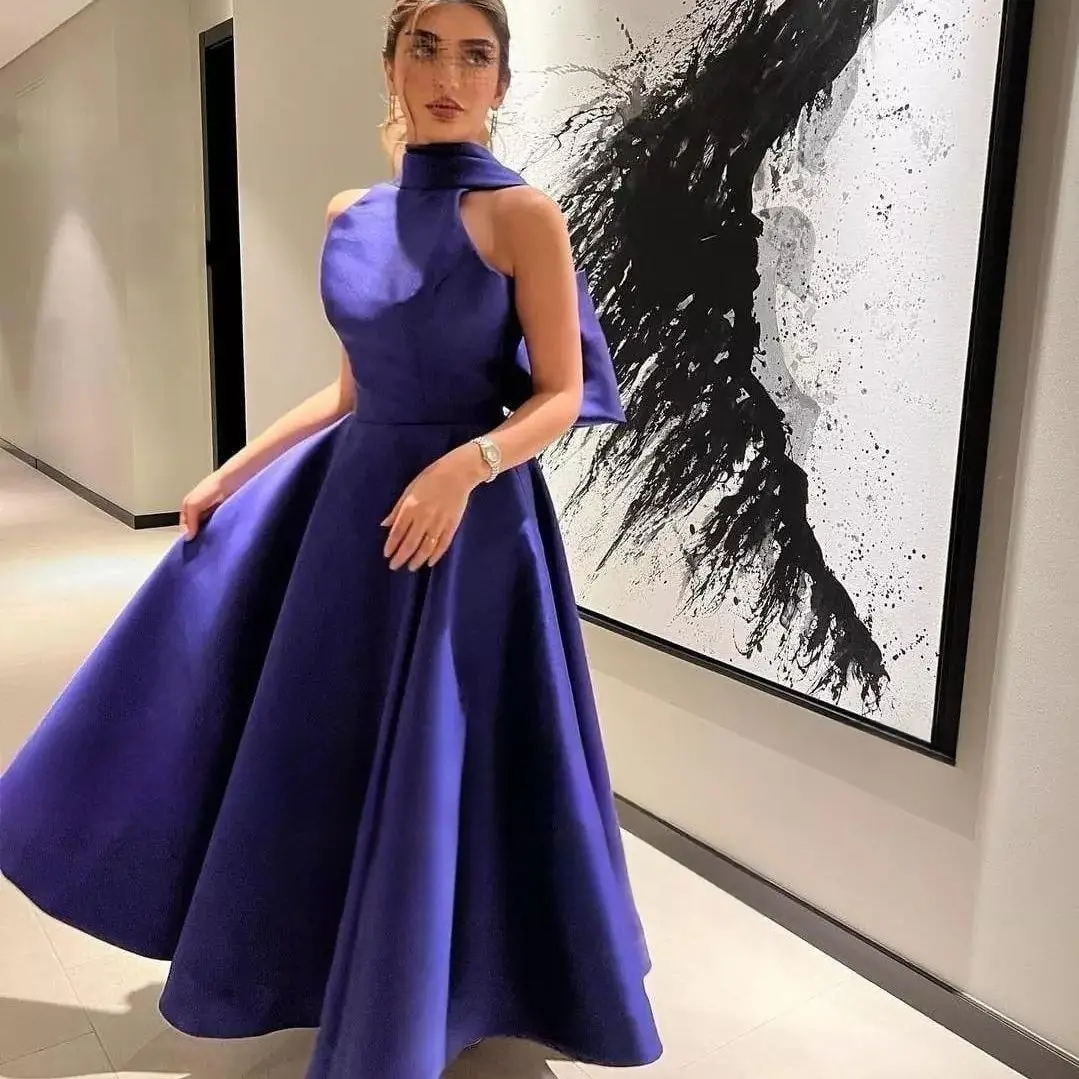 Long Prom Dresses A Line Satin Bow Formal Saudi Arabic Dubai Evening Gowns A Line Halter Special Wedding Guest Dress For Women