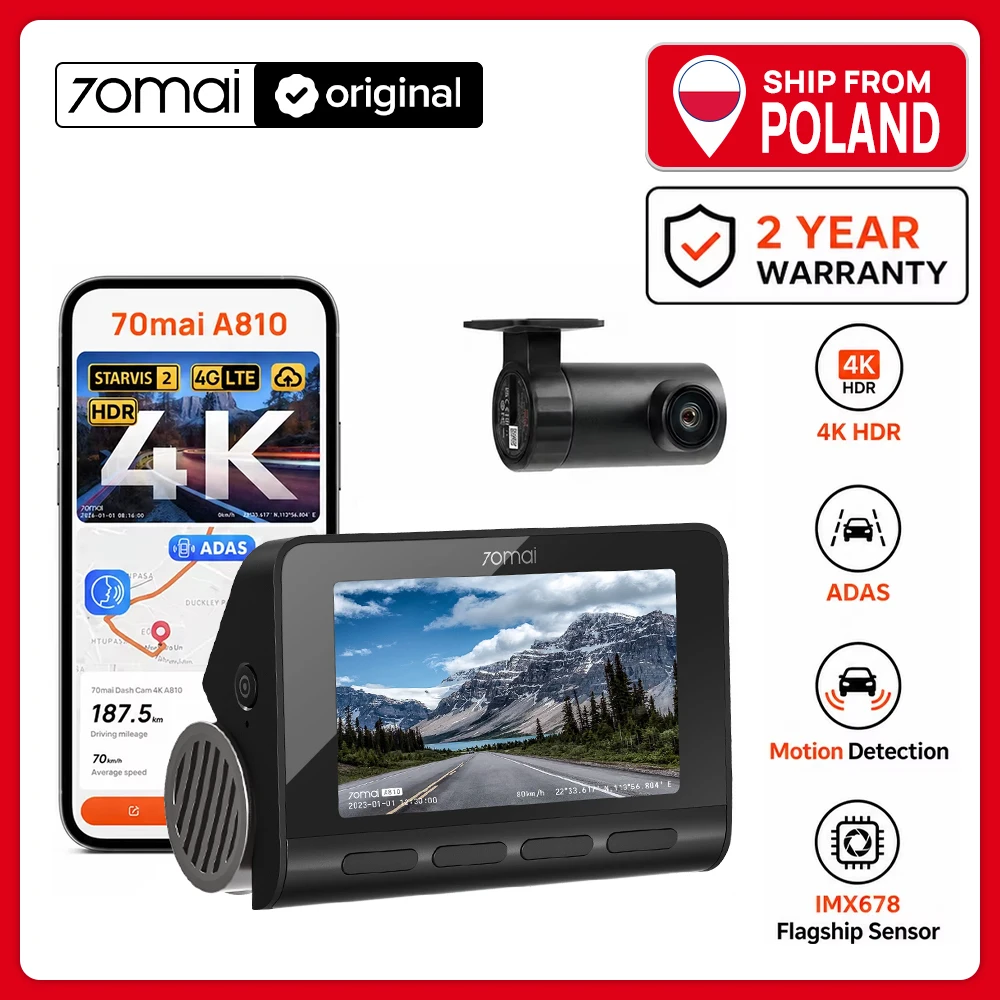 Kamera samochodowa 70mai Dash Cam 4K A810 Ultra HD 150 ° Monitorowanie parkowania 24-godzinne FOV, ADAS, Koordynacje dzięki wbudowanemu GPS, WIFI i 4G, do ekstremalnych warunków pogodowych