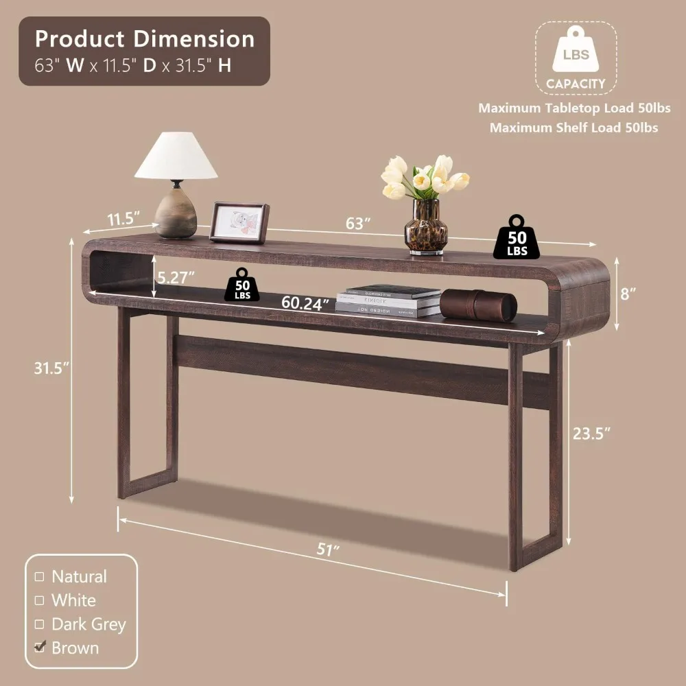 طاولة كونسول طويلة بطول 63 بوصة، طاولة مدخل حديثة بطول 31.5 مع رف تخزين مفتوح، تصميم ملف تعريف منحني، أريكة خشبية ضيقة