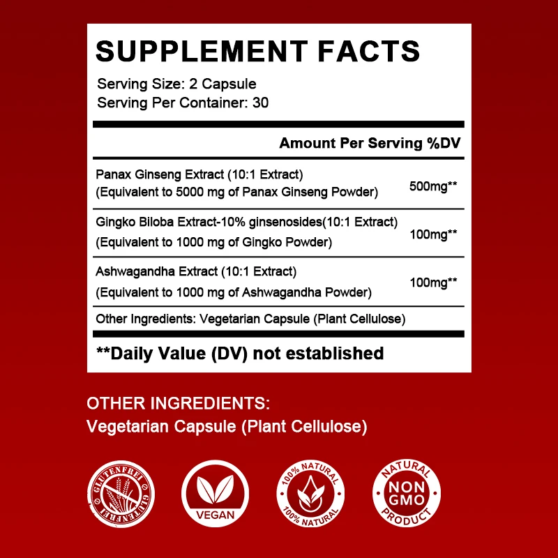 Best Supplements Blend of Korean Red Ginseng Root and Ginkgo Biloba and Ashwagandha (3 in 1) for Men & Women Supplement