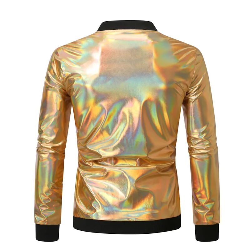 Shiny Gold Metallic Mens Jackets and Coats 2024 Spring New Zip Up Long Sleeve Baseball Jacket Party Stage Prom Bamber Jacket