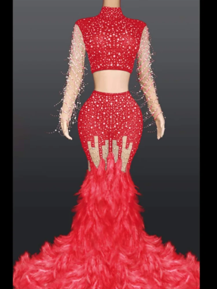 فستان نسائي متعدد الألوان 2026 لؤلؤي بأكمام طويلة مثير وريش زائدة لحفلات الزفاف المسائية القماش قاعة الرقص ملابس المسرح