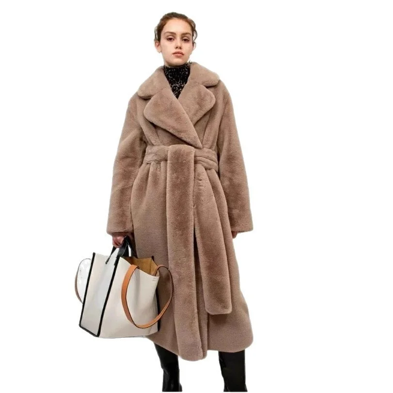 Długi płaszcz z prawdziwego futra norek, damski, modny, ze sztucznego futra królika, odzież wierzchnia na jesień i zimę.