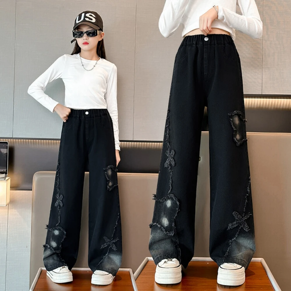 2024 Spring And Autumn Collection New Foreign Trade Girls' Medium And Large Sized Butterfly Loose Wide Leg Straight Leg Jeans