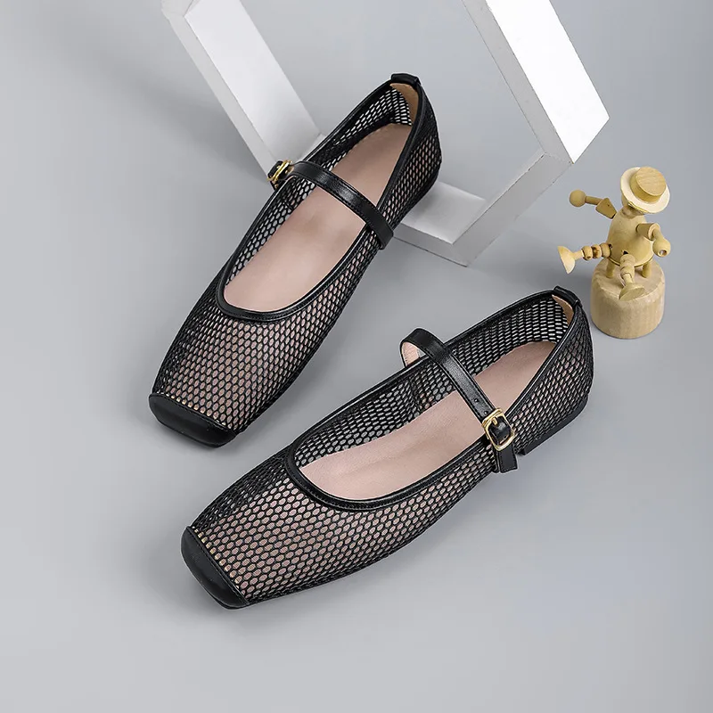 Retro Hollow Mesh Ballet Flats Shoes for Women Spring and Summer Square Toe Shallow Breathable Casual Low Heel Mary Jane Shoes