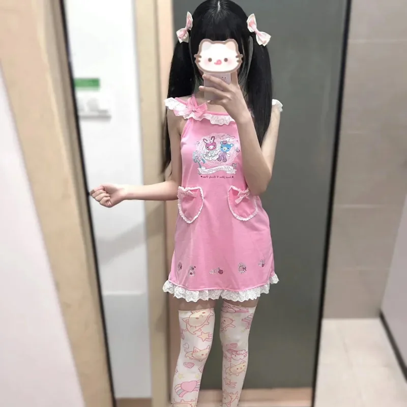 

Japanese Style Lolita Pink Dresses for Women Kawaii Cartoon Bunny Printed Mini Dresses Y2k Harajuku Lace Bodycon New 2024