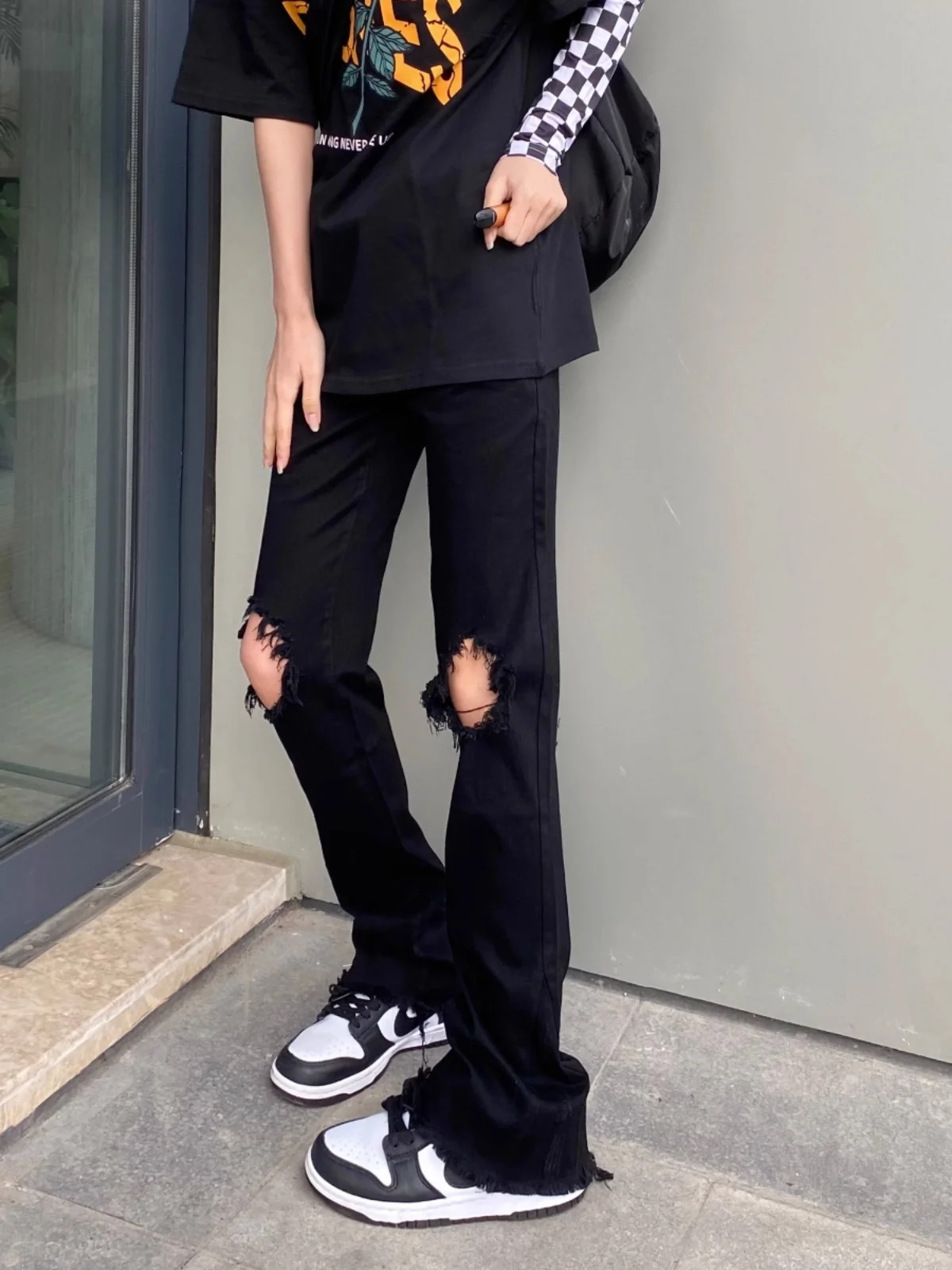 

American Sle Bla Jeans Men's High Street Vibe Wind Pants Knee Hole Advanced Sense Slimming Micro Flared Straight Long Pants