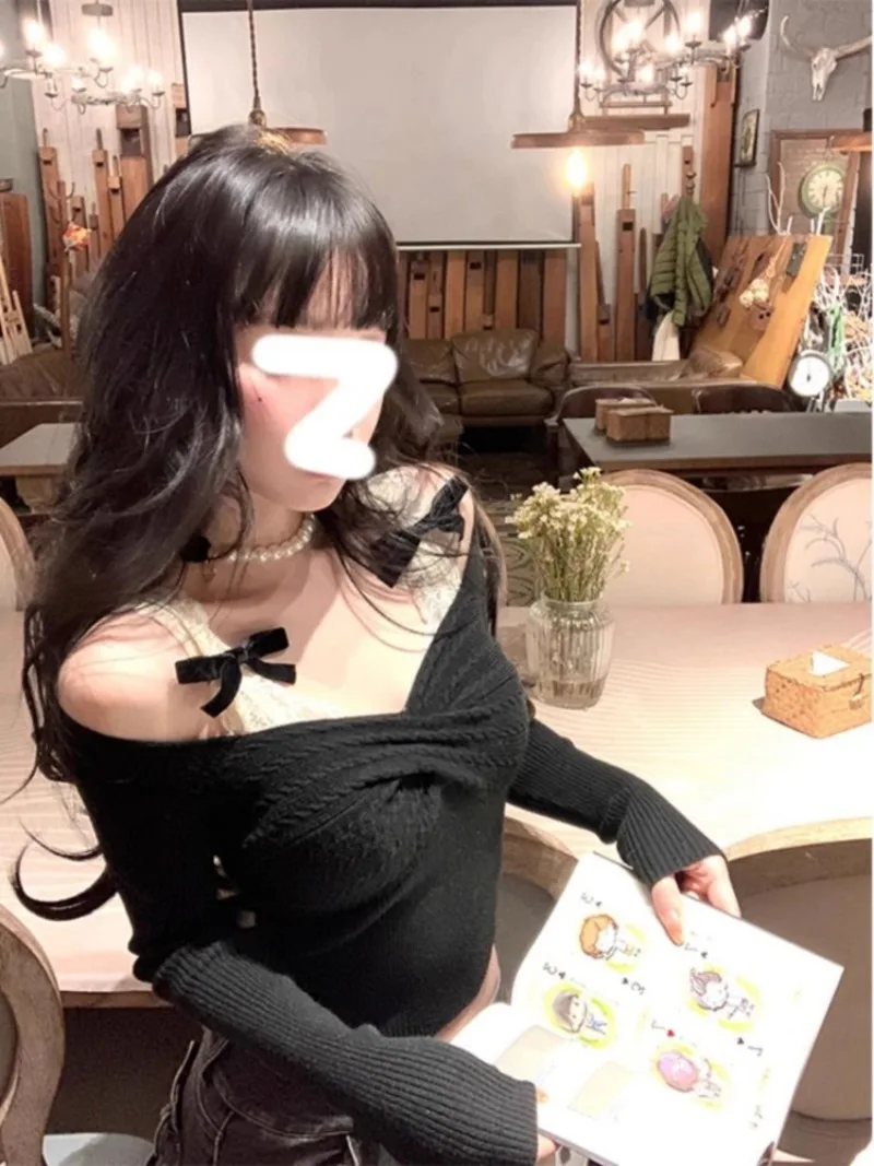 Autumn Winter New Bow Lace Camisole Tops Mujer Slim Waist Knitted T-shirt for Women Y2k Long Sleeve All-match Pullover