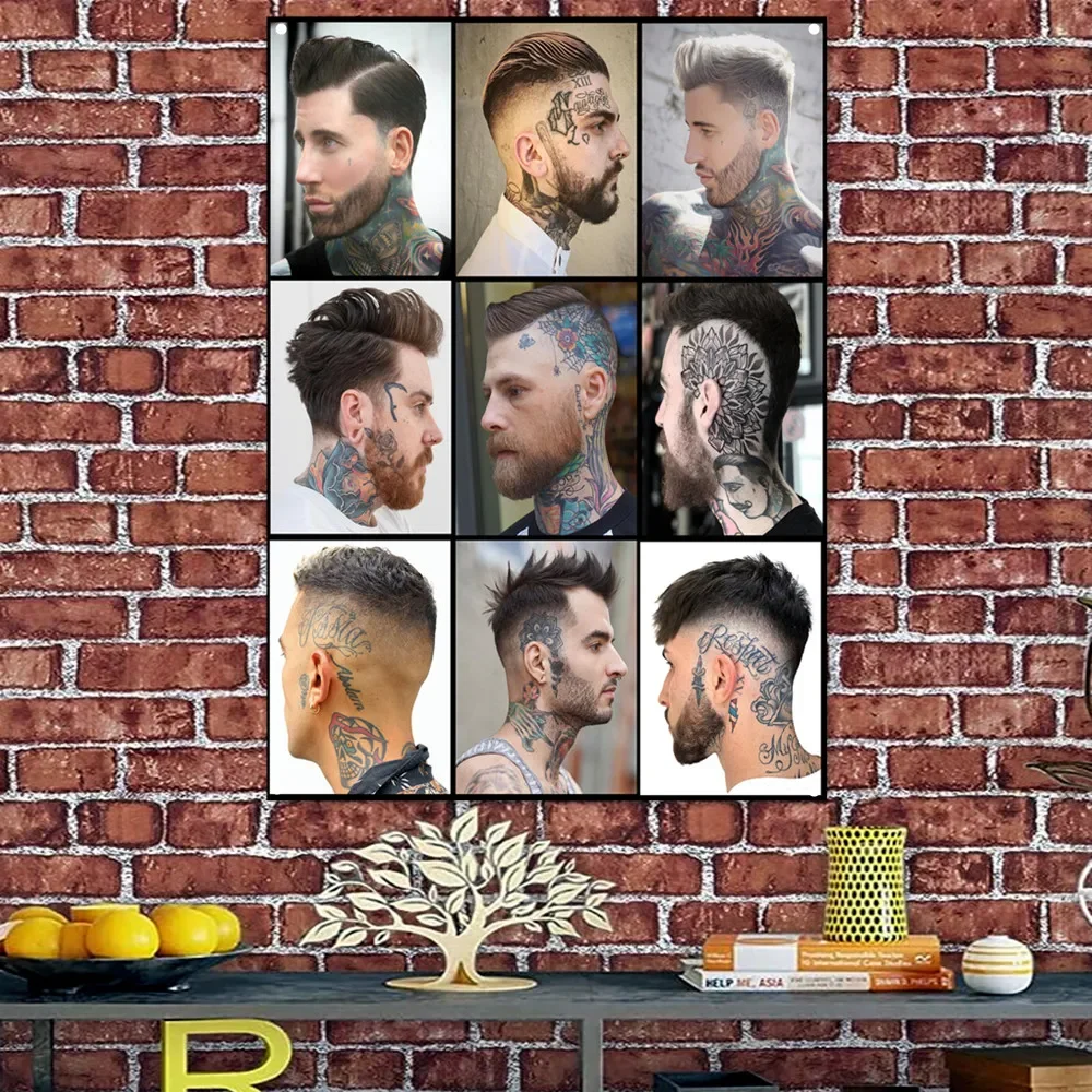 

Cute Men Tattoo Haircuts for Men Retro Barber Shop Advertisement Plaque Wall Decor Banner Flag Haircut and Shave Poster Tapestry