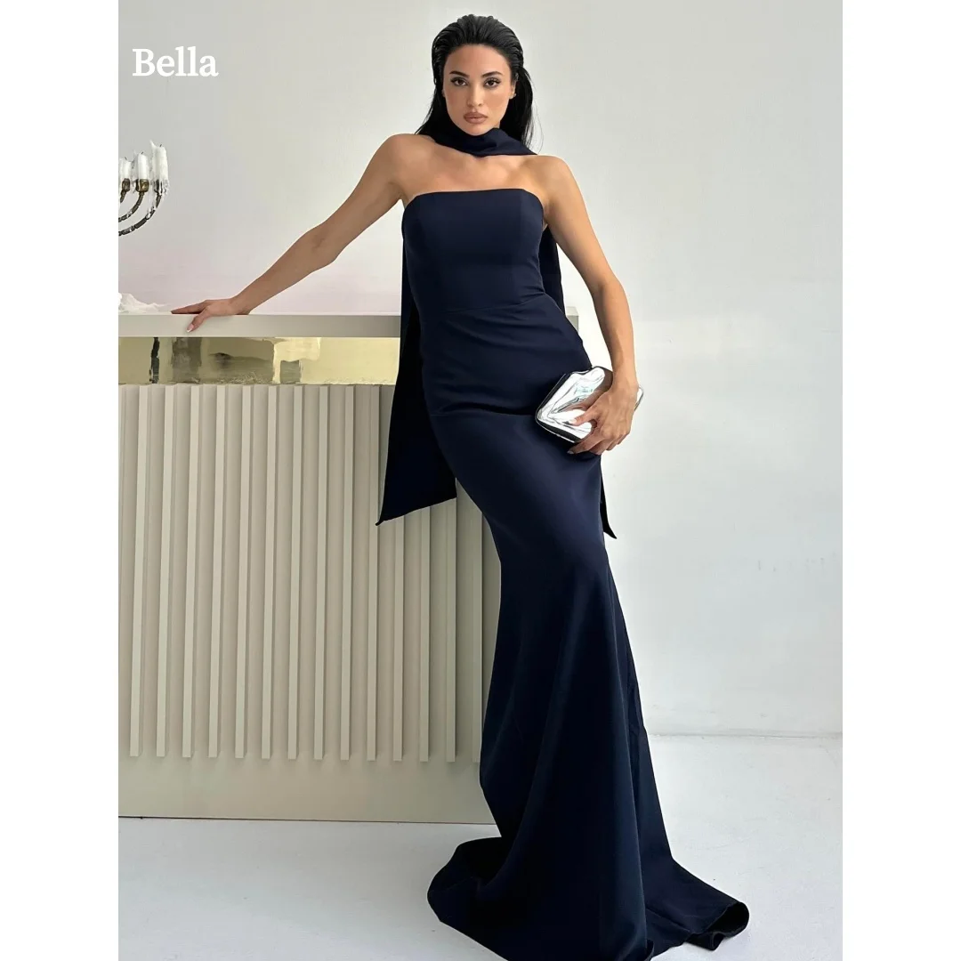

Bella Customized Navy Blue Strapless Prom Dress Satin Cape Slim-Fit Mermaid Floor-Length Train Elegant Gown robes de soirée