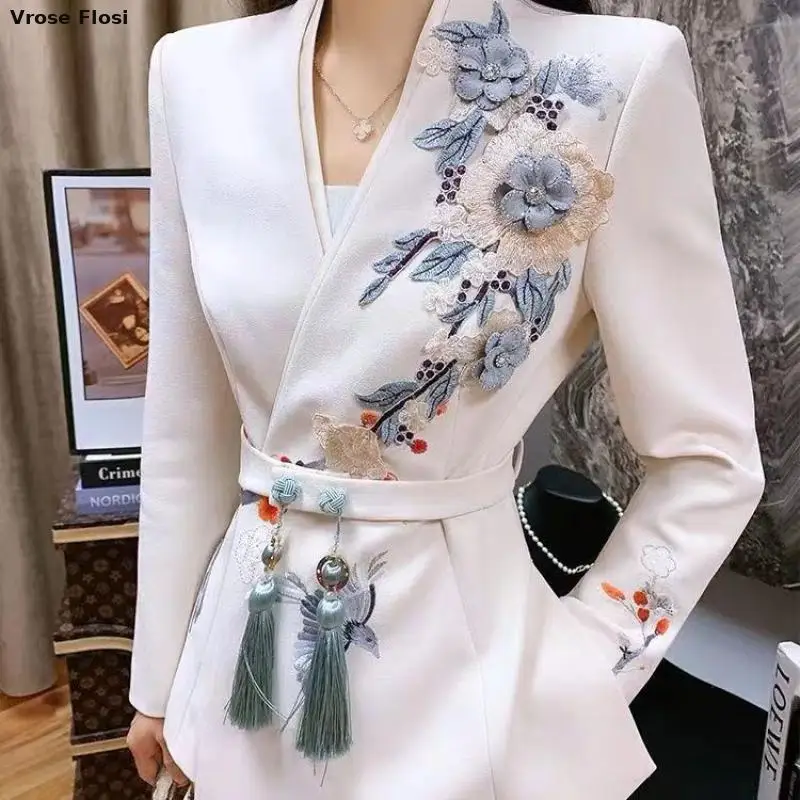 New 2024 Chinese Style White Blazer For Women Design Solid Medium Long Coat Office Female Overcoat Spring Autumn Blazers Ladies