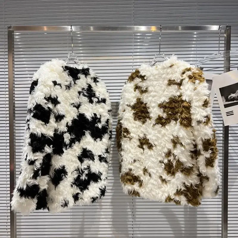 Winter Cow Pattern Curly Coat for Women Imitation Fur Women's Clothing Plush Winter Thick Warm Fur Long Sleeve Fashion Tops 1Pc