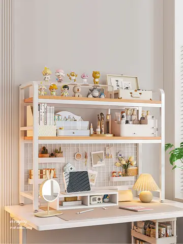 Bookshelf Bookcase With Grid Desktop Multi-layer Wrought Iron Shelf Student Computer Desk Table Hole Board Table Wooden Shelves