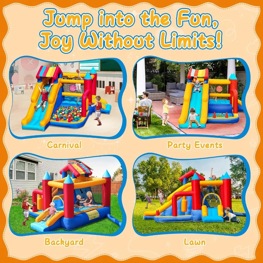 บ้านลมสำหรับเด็กอายุ 3-10 ปี, 9 in 1 บ้านลมขนาดใหญ่สำหรับเด็กเล็ก เล่นกลางแจ้งในสนามหลังบ้าน บ้านลมกระโดด 11.38x10.2 ฟุต