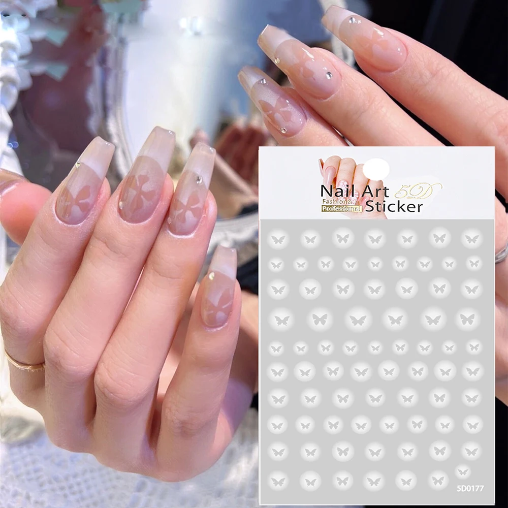 1/4 Stuks 5d Witte Holle Serie Nail Art Stickers Hart Vlinder Ster Nagel Decoraties Stickers Diy Manicure Benodigdheden 8/10Cm Tm % %