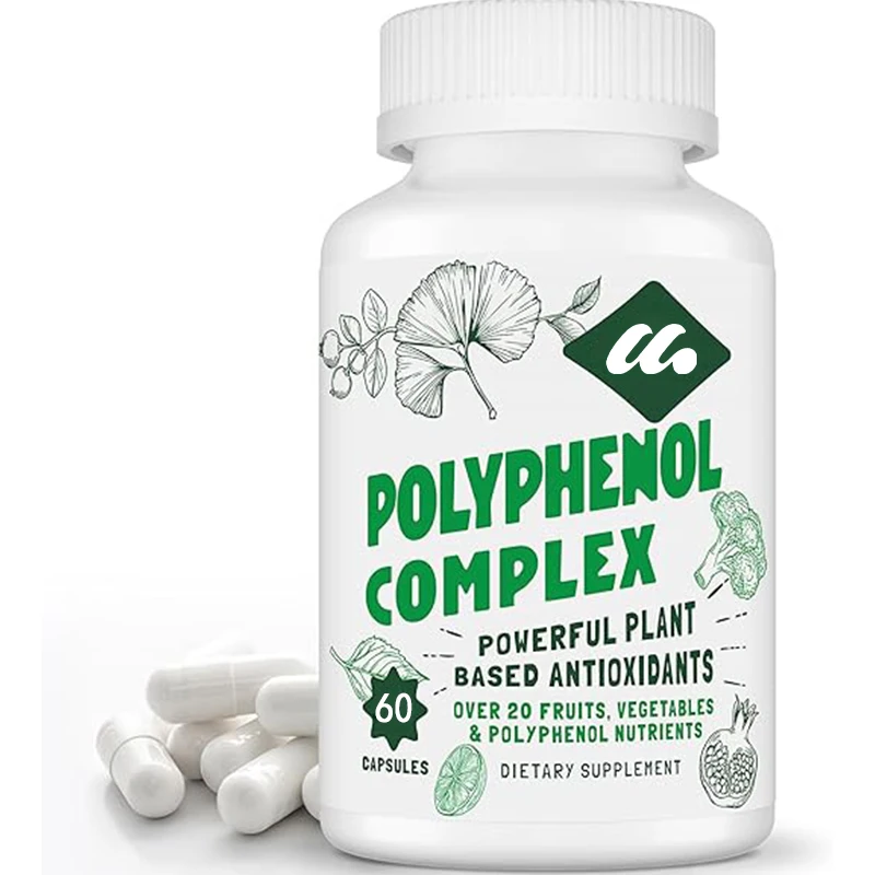 Polyphenol supplements include over 20 types of fruits, vegetables, polyphenols, turmeric, green tea, and powerful antioxidants