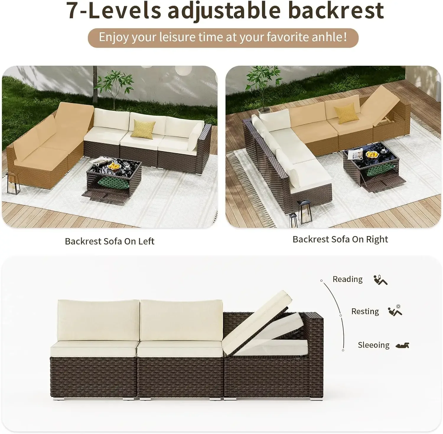 Möbelset, modulares Sofagarnitur für den Außenbereich, Terrassensofa aus Korbgeflecht, Couchtisch mit Stauraum und verstellbarem Ecksofa für den Balkon.