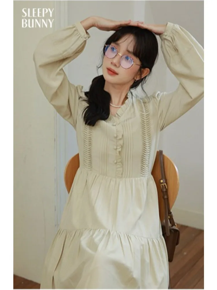 

French Ruffle Pleated A-Line Dress for Women Lady Elegant Long Sleeve Midi Dress Sweet Slim Fit Spring Casual Daily Outfit Style