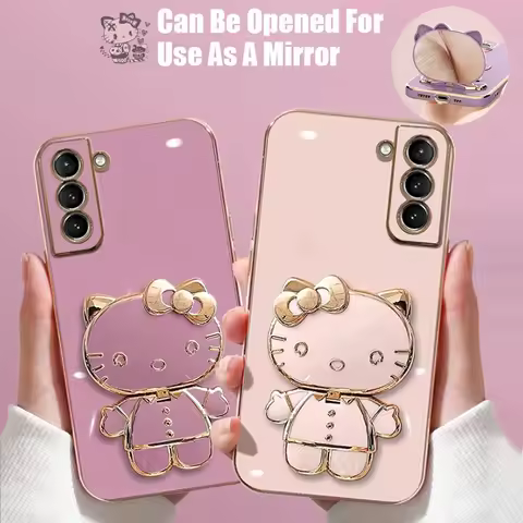 Hello Kitty Makeup Mirror Plating Phone Case For Samsung Galaxy S24 S23 S22 S21 S20 Ultra Plus FE A54 A34 A14 A24 A73 A53 A33
