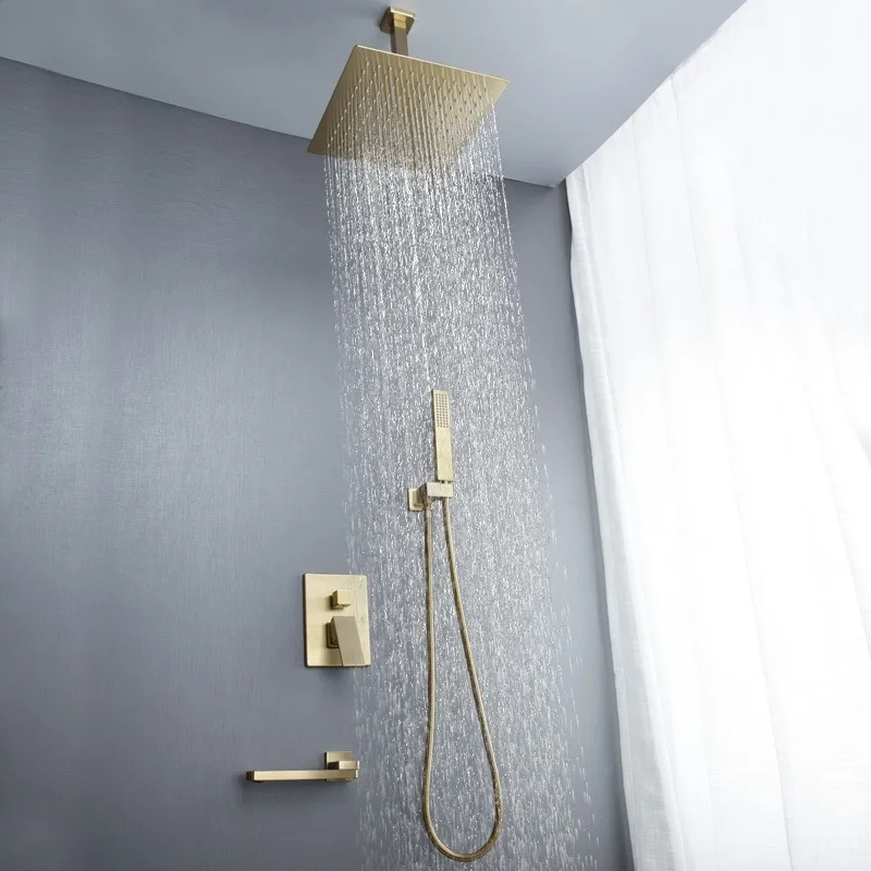 Brushed Gold Recessed Wall Concealed Shower Kit Pre Embedded Valve Solid Ceiling Rain Bath Sprayer Bathroom Hardware Fitting
