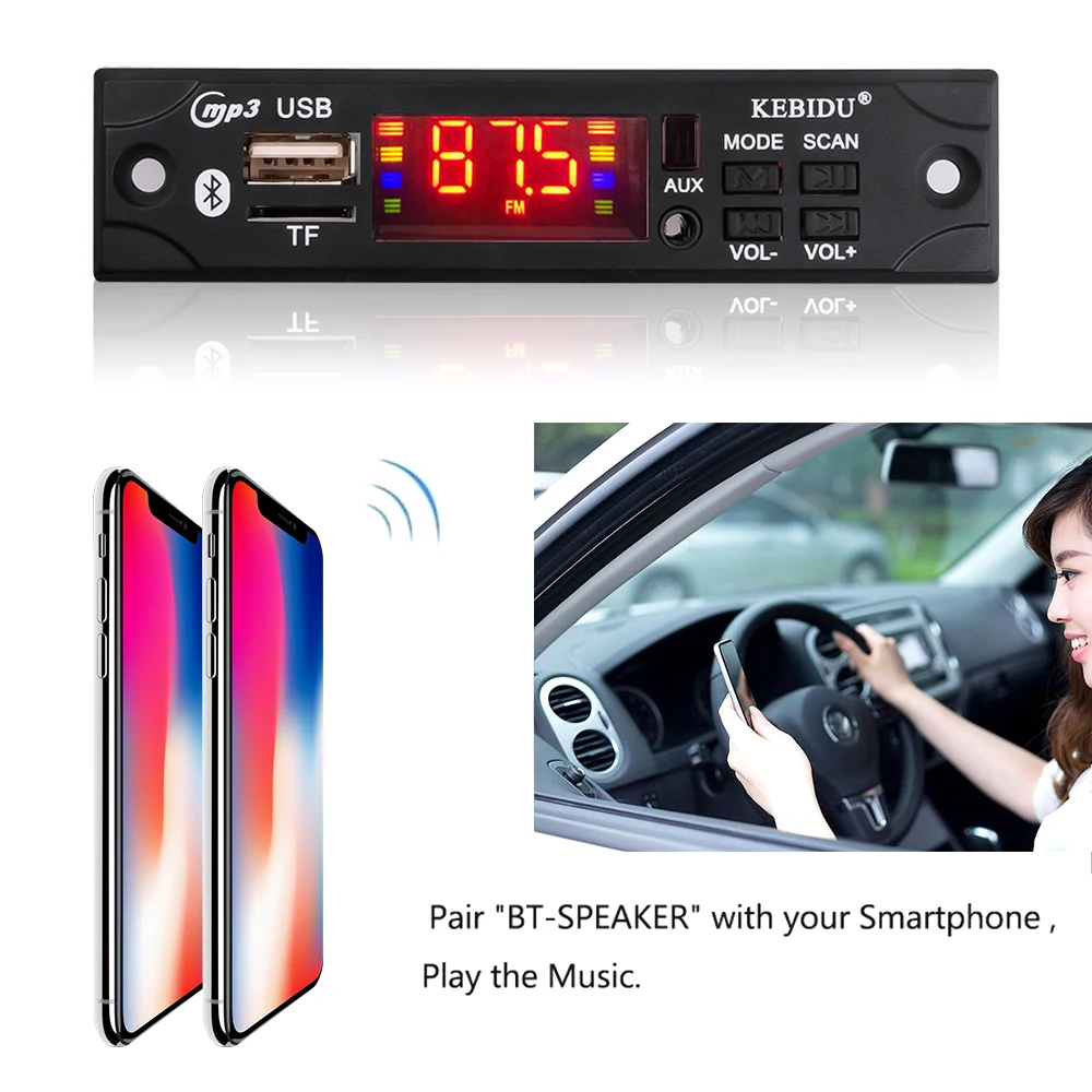 Bluetooth 5.0 MP3 WAV WMA Decoder Board Wireless MP3 Player Color Screen with FM Radio Module Remote Control for Car     Speaker