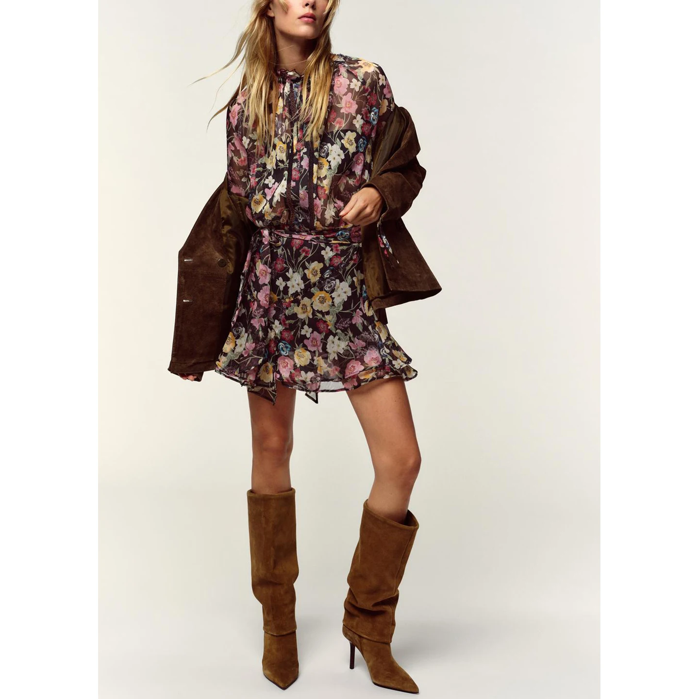 Inverno novo feminino v-ne longo sve floral impressão dr em camadas decoração ort comprimento a linha silhueta commute sle