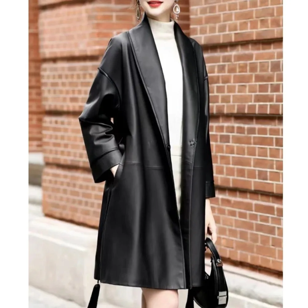 

2025 Autumn V-neck Genuine Leather Mid Length Trench Women Fashion Lace-up Belt Ladies Black Sheepskin Trench Coats