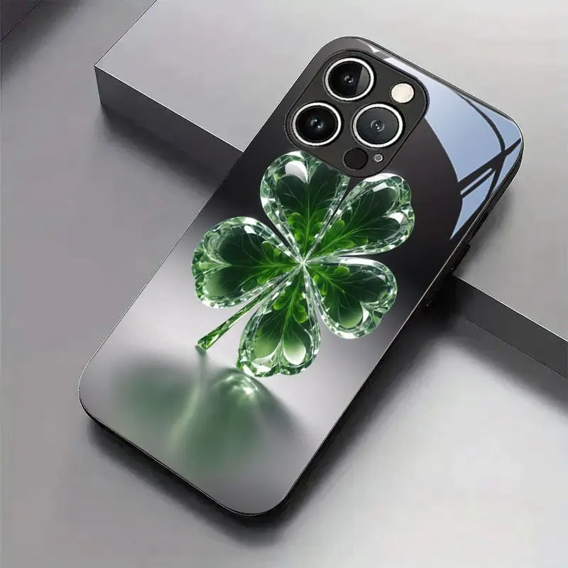 Sparkly Crystal‑Four‑Leaf‑Clover Luck Aesthetic Phone Case for iPhone 17 16 15 14 13 12 11 Pro Max XS XR 7 8 Plus 16E