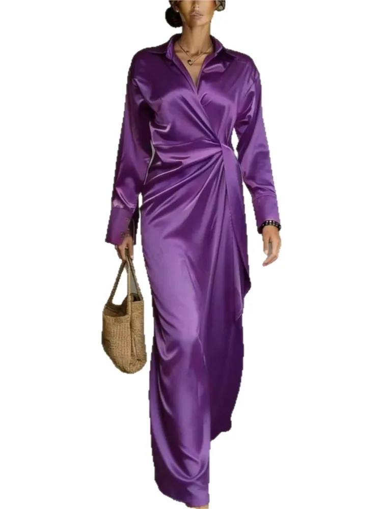 เดรสผ้าซาตินแขนยาวสไตล์ใหม่สำหรับฤดูใบไม้ผลิและฤดูใบไม้ร่วง  แฟชั่นชุดเดรสผู้หญิงทรงเอวจีบระบายแบบไม่สมมาตร  ชุดเดรสทำงานผู้หญิงสุดหรู  ปี 2026